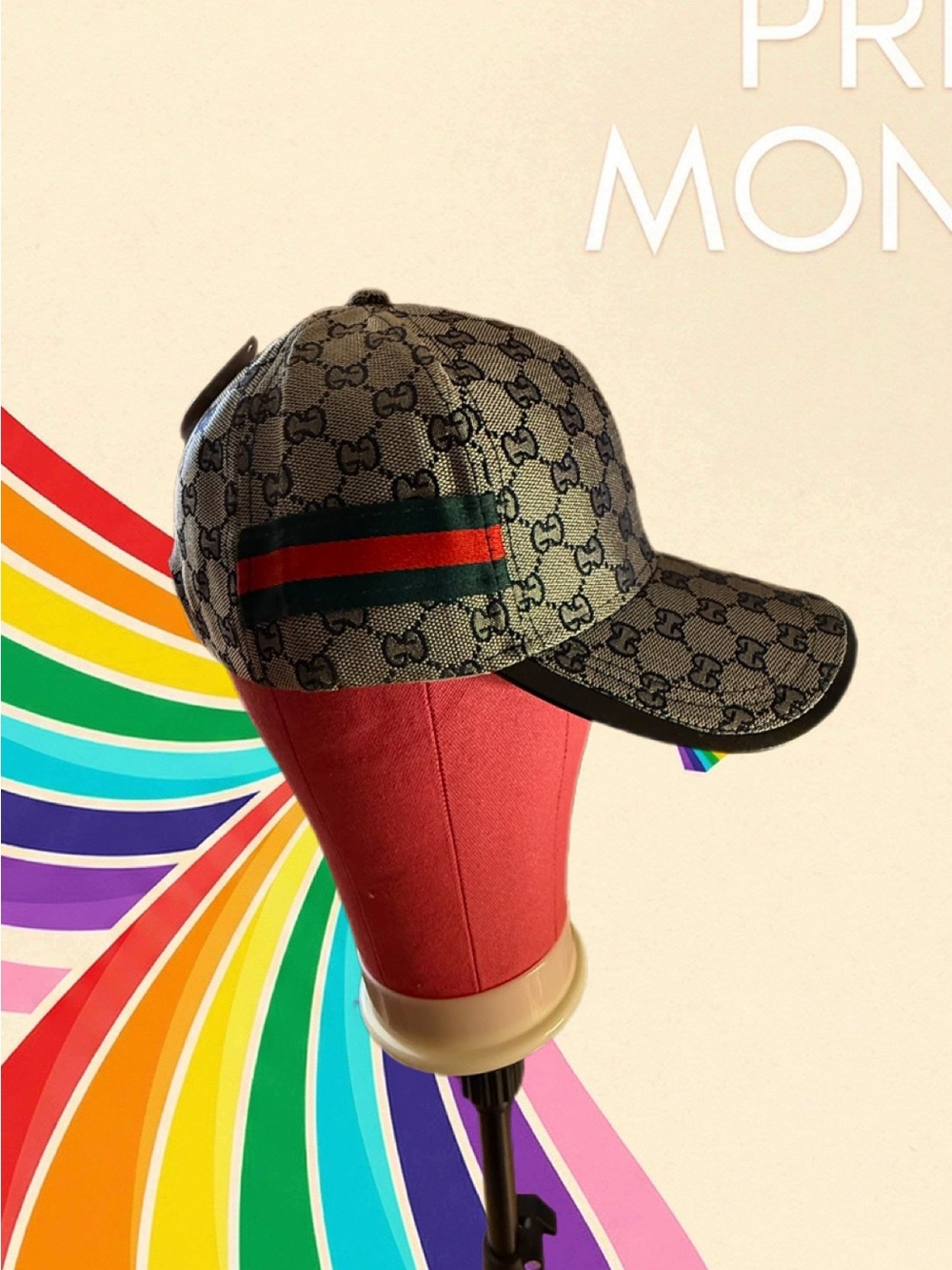New Gucci Brown GG Monogram Cap with Black Leather trim and Strap with tag. - Picture 4 of 6